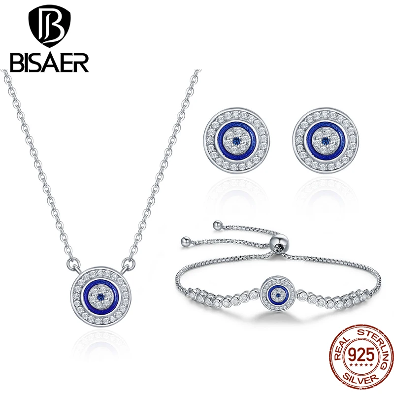 

BISAER 925 Sterling Silver Blue Evil Eyes Jewelry Sets Demon Eye Bracelet Necklace Eearrings Plated Platinum for Lucky Women