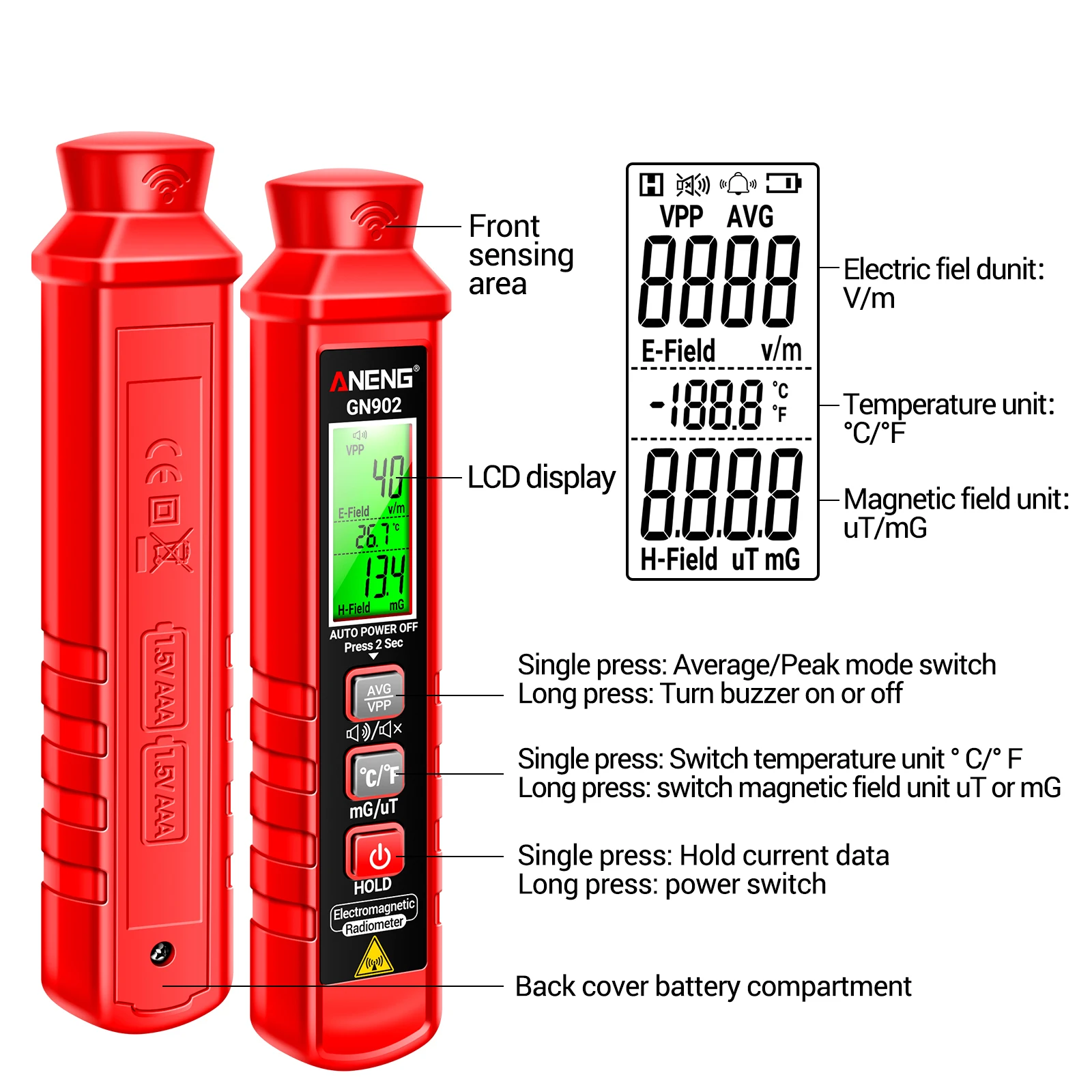 ANENG Handheld Electromagnetic Radiation Tester Digital LCD X Ray Tester Electric Field Magnetic Field Temperature Detector radiation detector emf meter tester