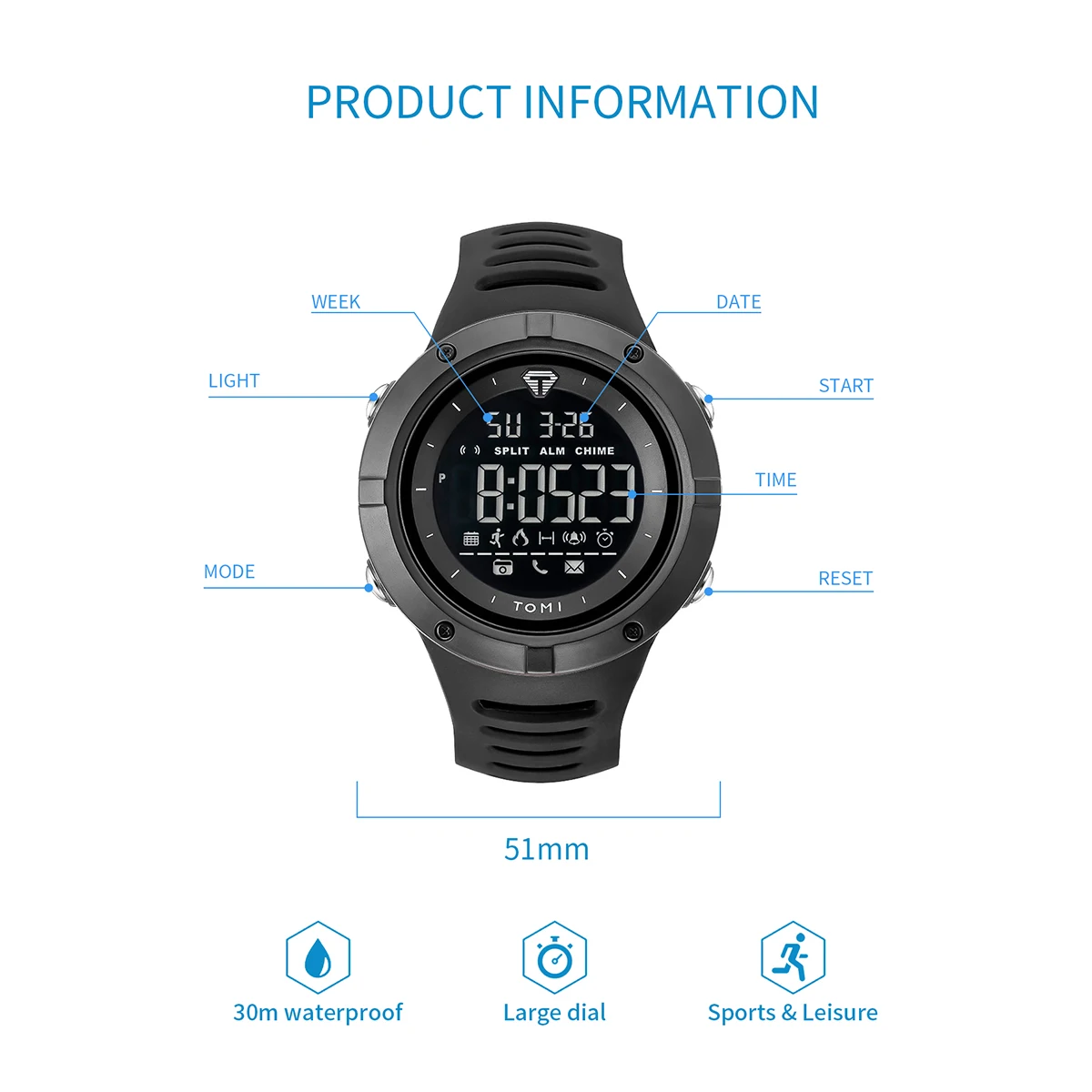 TOMI Men's Watch Night Glow Waterproof Fashion Digital TPU Material Sports Watch 6