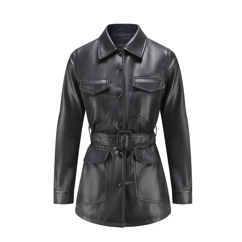 

2022 Autumn High-quality PU Leather Jacket Black Strapping Lapel Faux Sheepskin Mid-length Jacket Temperament Trend Women's Coat