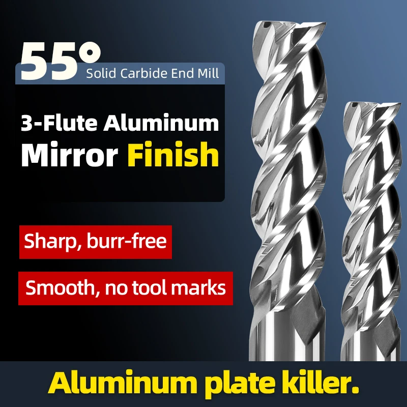 55 ° 3-Schneidiger Flachbodenfräser, Aluminium-Spezial-Wolframstahl, Spiegelpoliert, für CNC, Aluminium/Kupfer