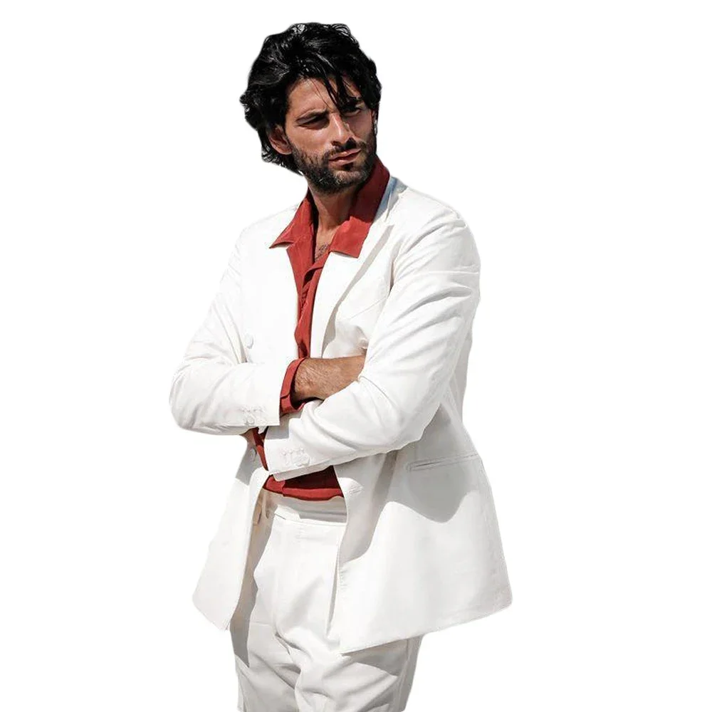 2024 Summer White Elegant Men Suit Casual Double Breasted Slim Fit Blazers Hombre High Quality Custom 2 Piece Set Costume Homme