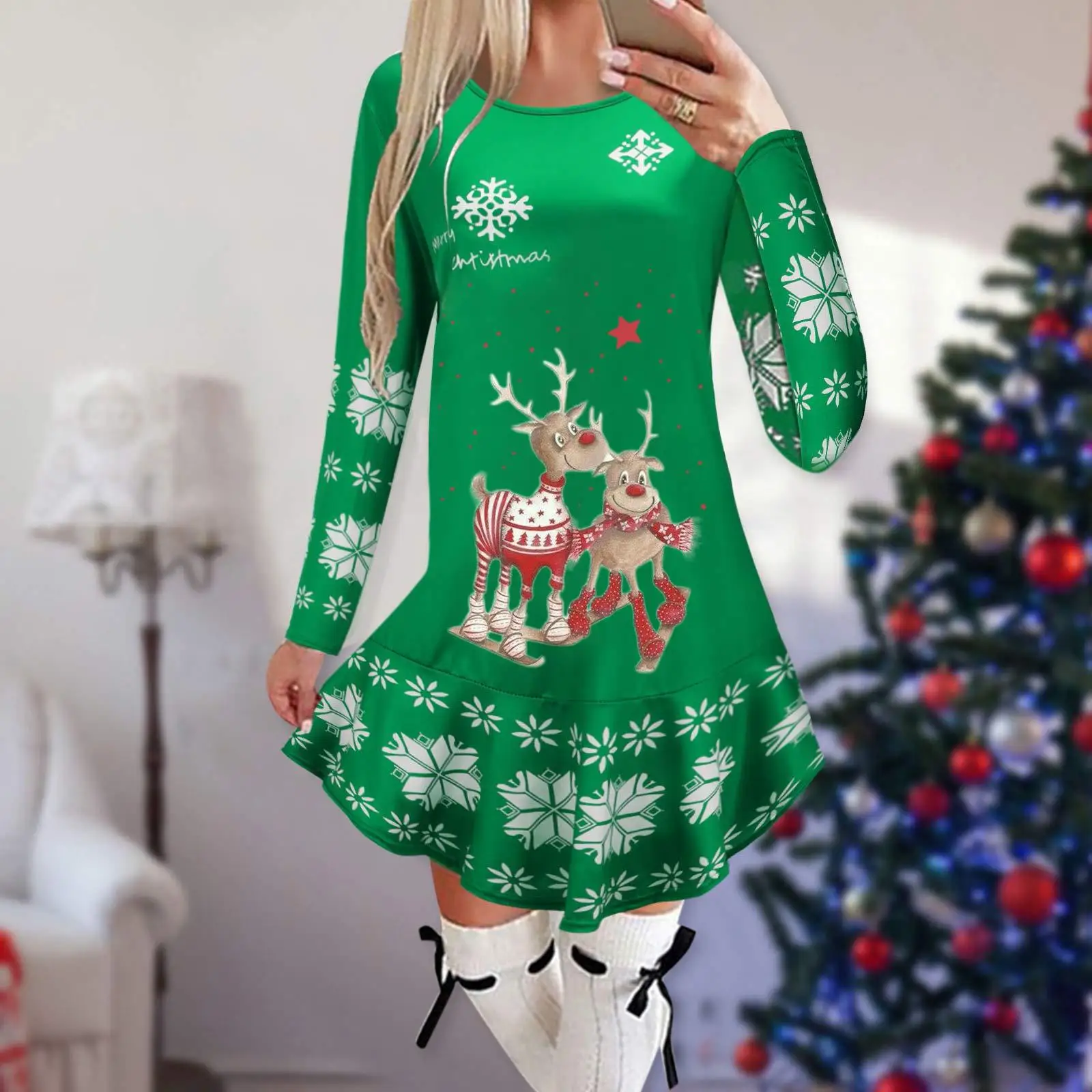 

Cartoon Elk Dress Women Cute Christmas Snowflake Evening Dress Winter Long Sleeve Mini Dresses Fashion Casual Party Vestidos