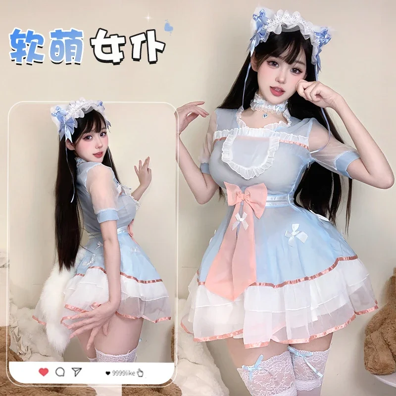 Sexy Lolita Dress Mesh See-through Sweet Servant Outfit Roleplay Woman Erotic Lingerie Maid Uniform Anime Cosplay Charm Costumes