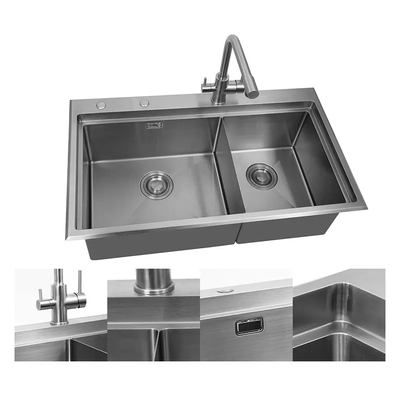 

Manufacturer Customized Size 1200mm Handmade Double Bowl Outdoor 304 Stainless Steel Kitchen Sink 850*500*210mm