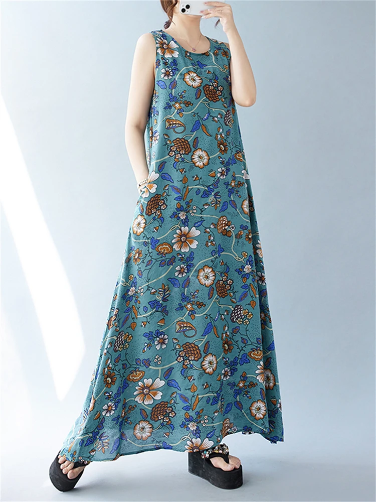 2025 Summer Cotton Vintage Sleeveless Print Dresses For Women Casual Loose Long Dress Femme Robe Vestidos Boho Elegant Clothing