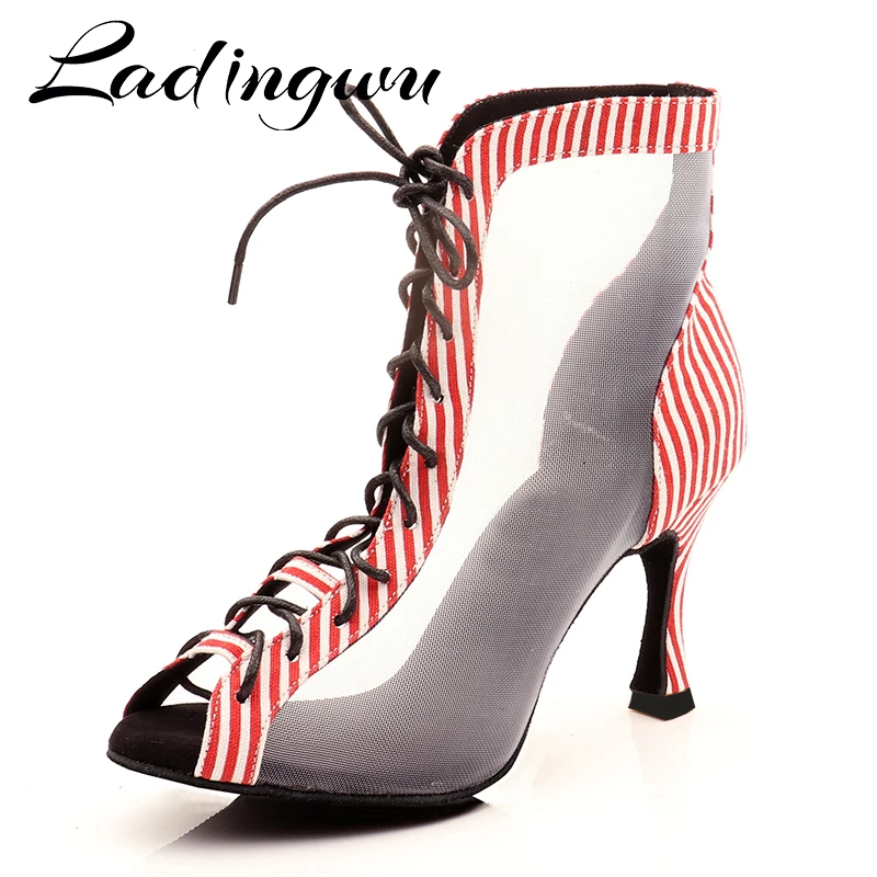 

Ladingwu Stripe Denim And Mesh Dance Boots Woman Latin Tango Dance Shoes Ballroom Salsa Ladies Dancing Shoes