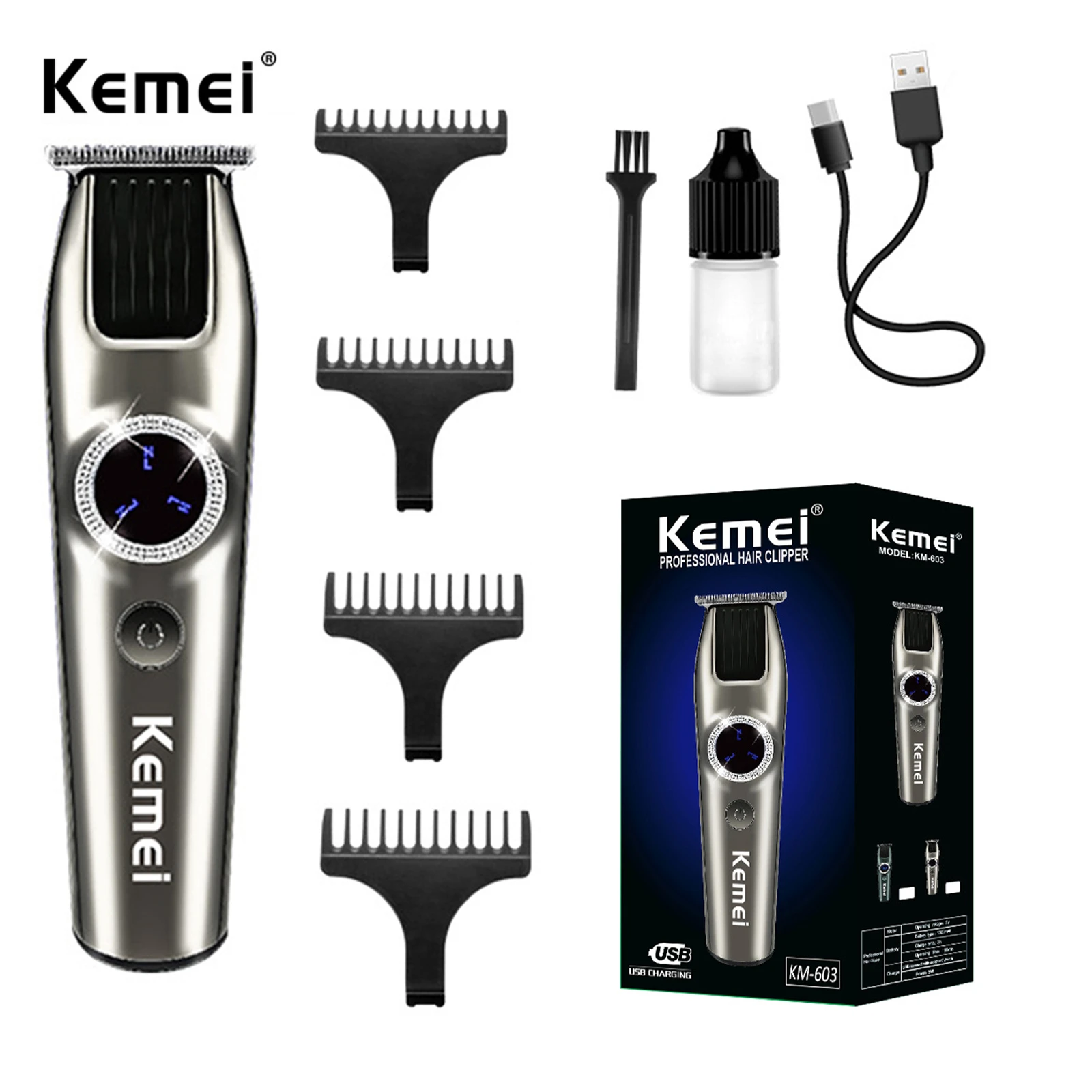 Kemei Hairdresser KM-603 cross-border new LDE LCD digital display shaver electric scissors USB charging hair clipper t67 cross border fm transmitter bluetooth hands free aux u disk music player pd fast charging car mp3