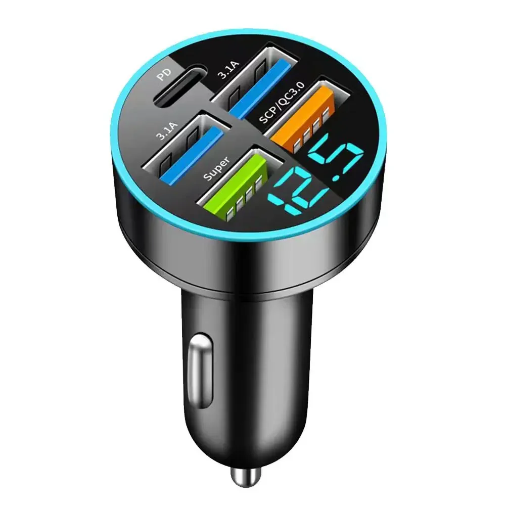 Fast Charge Car Charger with Digital Display and 5 Port