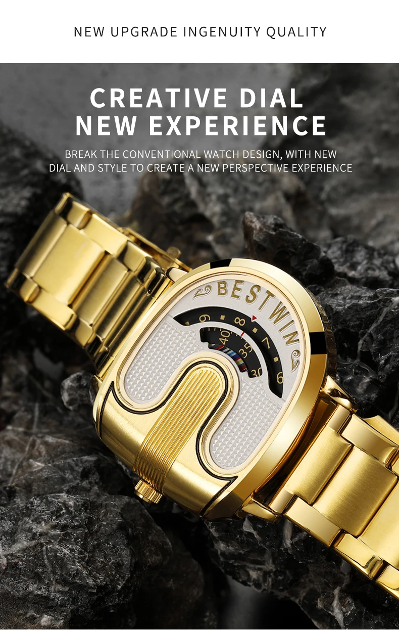 Creative Large Dial Personality Watches for Men BESTWIN Gold U-Shape Fashion Mens Watch Trend Reloj Hombre Lujo Alta Gama 2024