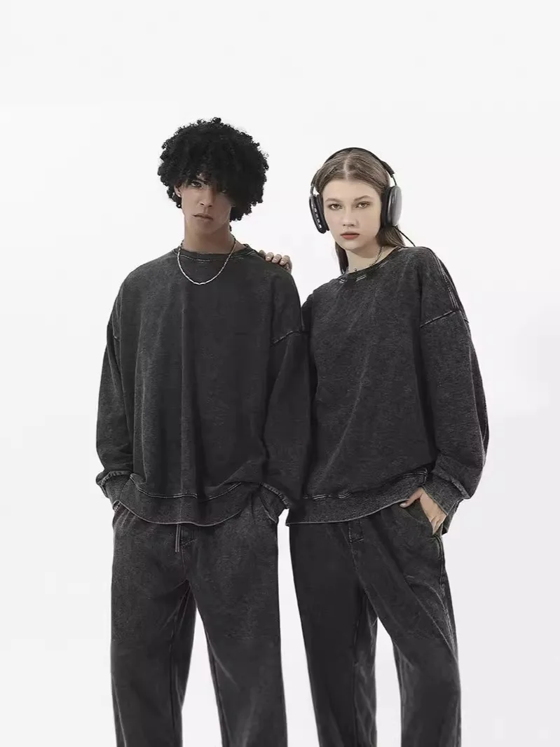 Vintage Washed Hoodie Jogginghose Set Übergroßes Paar Streetwear Casual Unisex Loose Fit Plus Size Passender Sportbekleidungs-Trainingsanzug – Detail 25