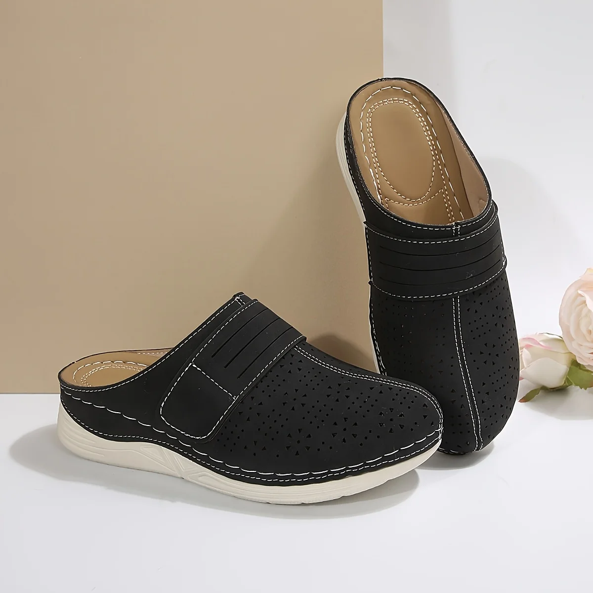 Einfarbige Pantoletten für Damen im Vintage-Stil, zusammengesetzte Zehenplattform-Absatzschuhe, künstliche Innenseite und Einlegesohle, künstliche Sohle für die Frühlingssaison – Detail 5