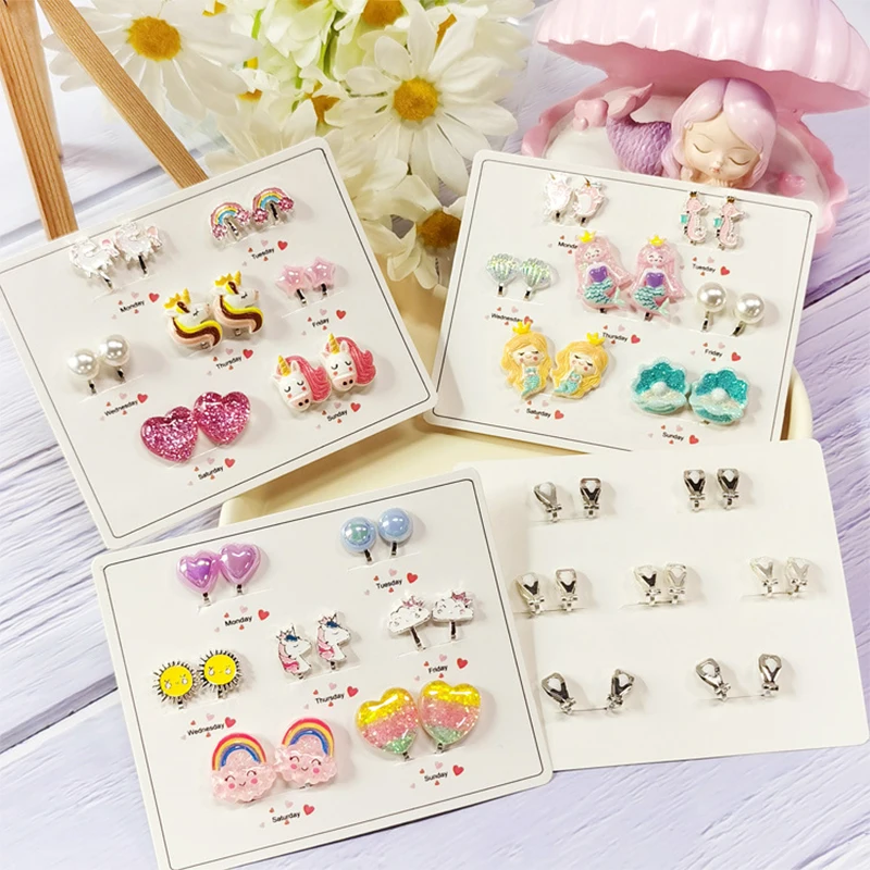 Cute Unicorn Mermaid Resin Earrings Ear Clips on Earrings For Girls No Piercing Kid Christmas Present 7PRS/SET,ear clip earrings,clip earrings,ear clip