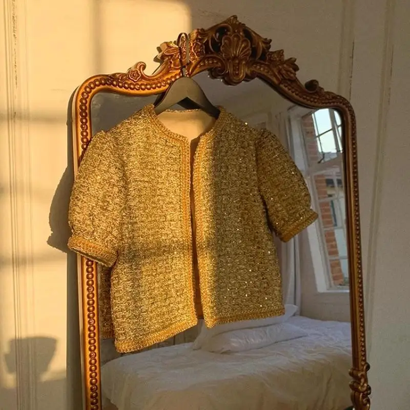 

High Quality Tweed Gold Tweed Woven O-Neck Retro Short Sleeve Cardigan Coat Ladies Jacket Tops Autumn Outwear 2023 Brand New