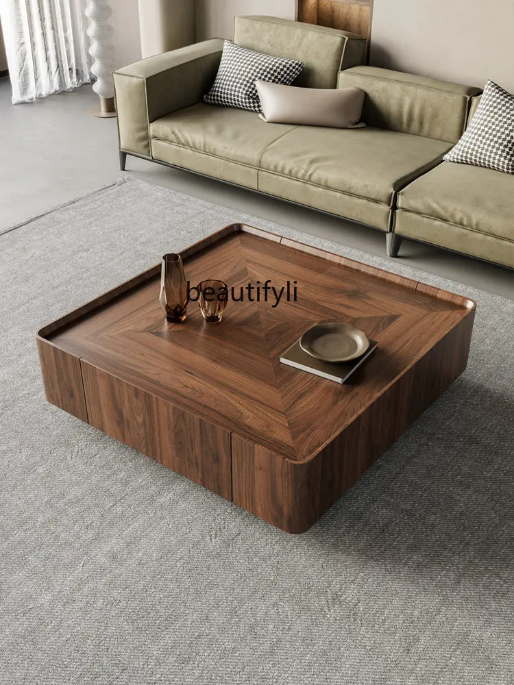 

Italian Minimalist Square Coffee Table Solid Wood Walnut Storage Living Room Light Luxury Modern Minimalist