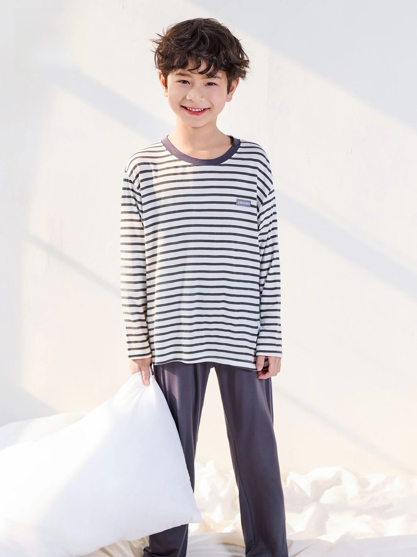 모달 아동용 잠옷 에어컨 슈트 세트 봄 가을 긴팔 스트라이프 루즈핏 홈웨어 남아 여아용