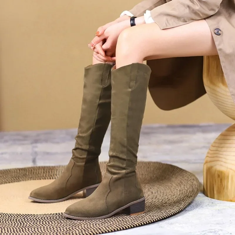 

Женские сапоги до колена 2023, женские сапоги в современном лаконичном стиле, Женские однотонные сапоги без шнуровки с острым носком и квадратным каблуком, женская обувь