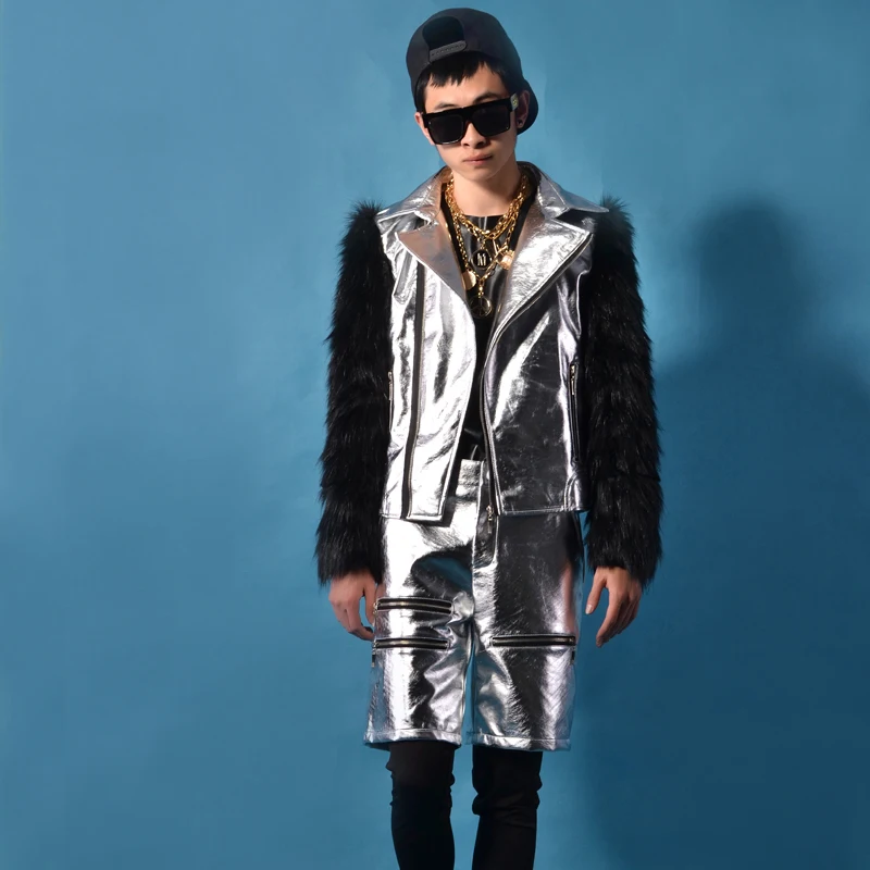 

Men Jazz Dance Costume Silver Stitching Motorcycle Festival Clothing Fluffy Jacket Nightclub Male Singer Stage Show Wear XS2629