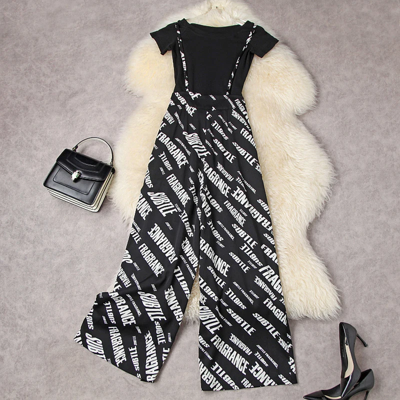 

Women's Stretch T-Shirt+Letter Print Wide Leg Pants Suit