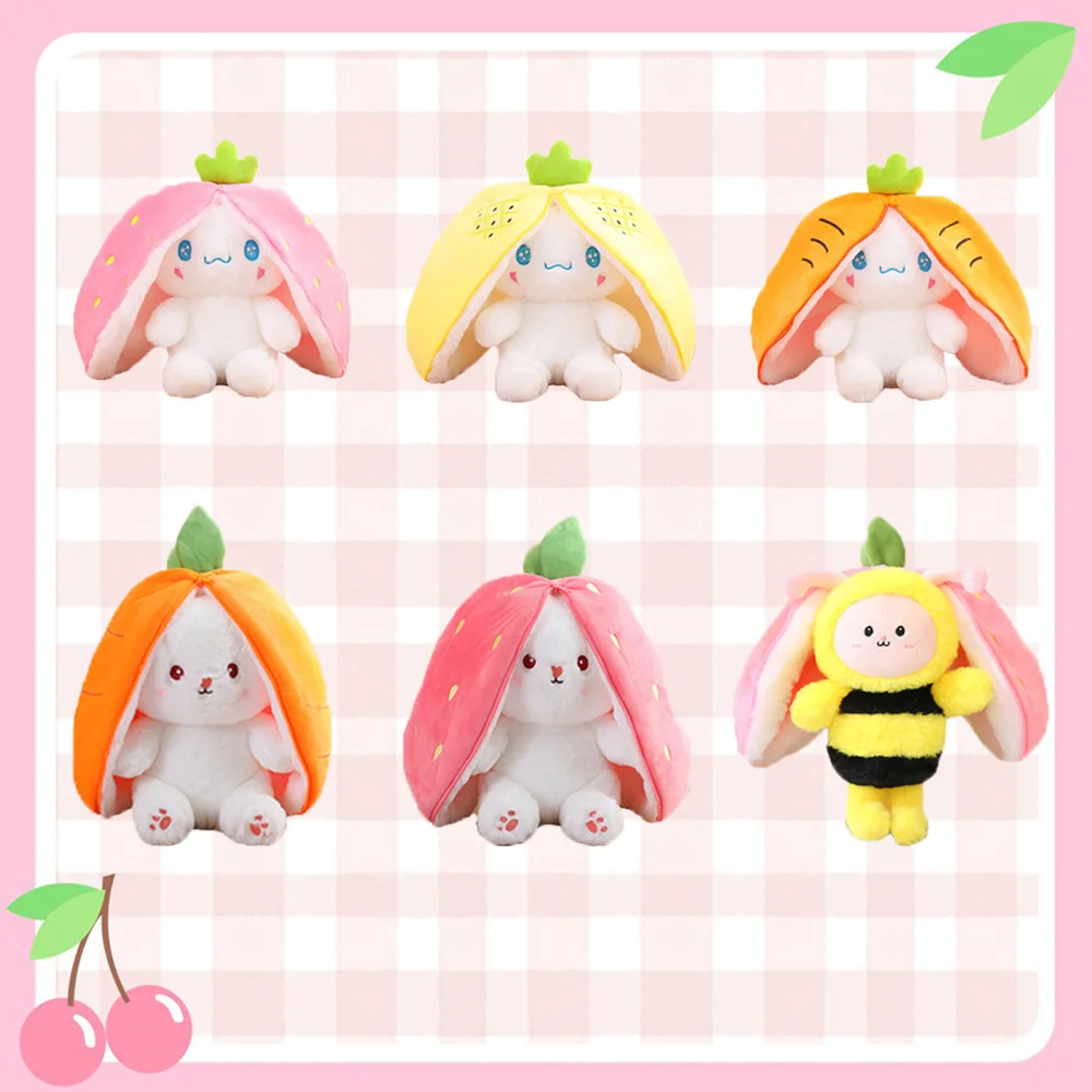 Reversible Carrot Strawberry Bee Plush Doll with Zipper Cute Soft Dog Toys Pillow Decoration for Kids and Adults