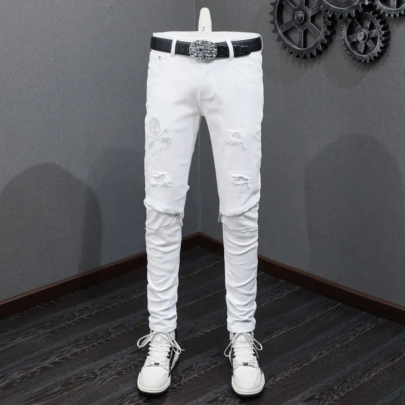 High Street Fashion Men Jeans White Elastic Skinny Fit Zipper Spliced Ripped Jeans Men Beading  Designer Hip Hop Pants Hombre