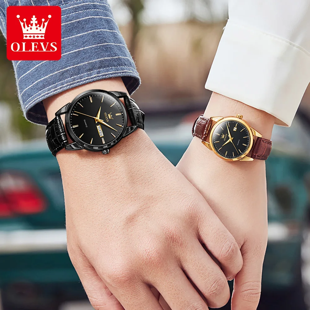 OLEVS Couple Watches Fashion Leather Strap Quartz Watches for Women and Men Simple Date Week Dial Waterproof Couple Wrist Watch