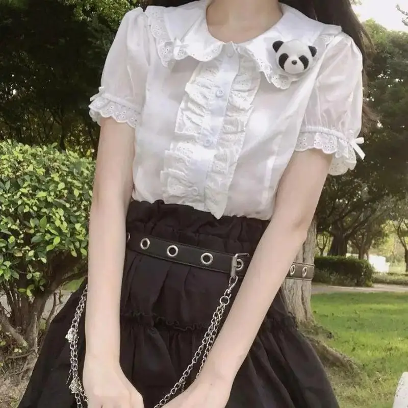 Lolita Blouses Summer XS-2XL Japanese Kawaii Lolita Blouse Shirt Sweet Small White New Fashionable Lace Short Sleeve Top for Women