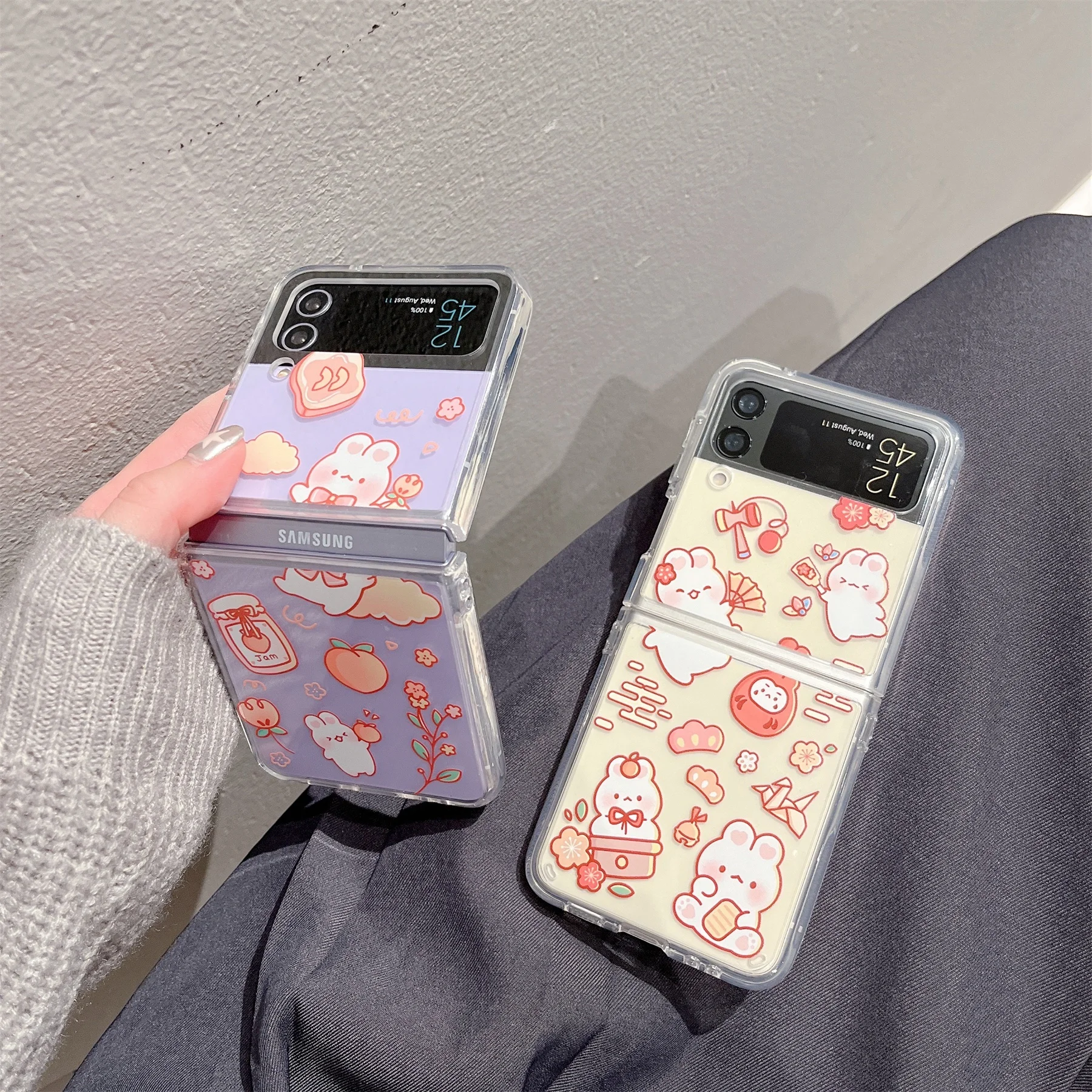 

Cute Korean Cartoon Bunny Rabbit Lucky Bag Peach Transparent Case for Samsung Galaxy Z Flip 3 4 5G Z Flip3 Flip4 Zflip3 Cover