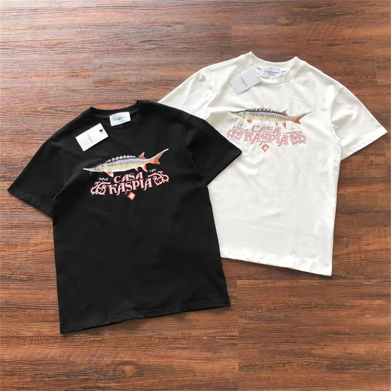 

Black White Casablanca Shark Letters Logo Print Short Sleeve T Shirt High Quality Men Women Oversized Casablanca T Shirt