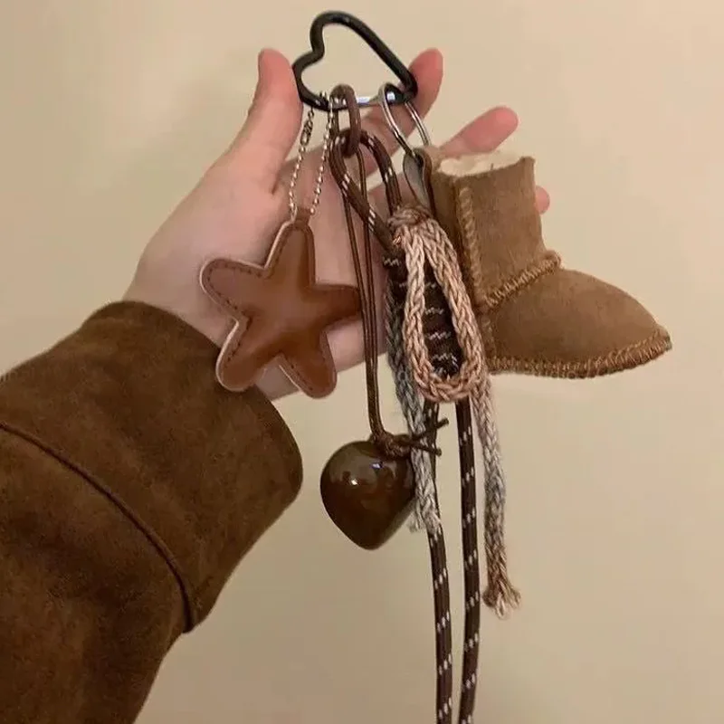 PU Leather Star Keychain Pentagram Car Keyring with Woven Acrylic Heart Snow Boots Pendant Creative Bag Charms