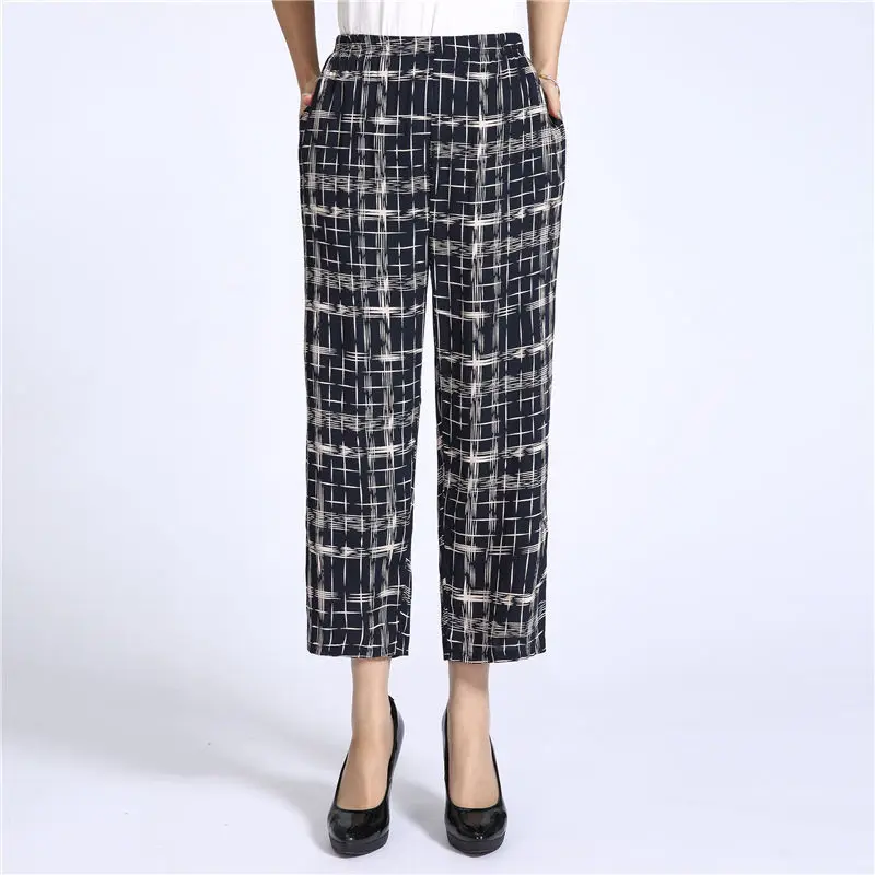 

Middle Aged And Elderly Women's Pants 2024 Summer Thin Printed Cropped Pants Elastic High Waist Casual Straight Leg Trousers