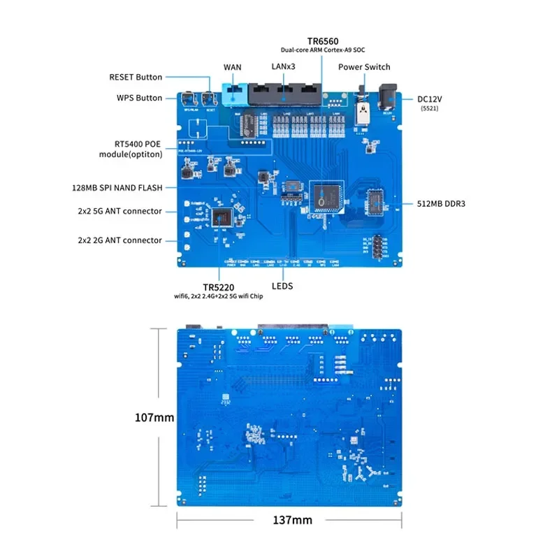 ٳ  BPI-Wifi 6 , Wifi SOC  ھ ARM Cortec A9  5GE  RGMII 6 GE MACs  , TR6560 + TR5220