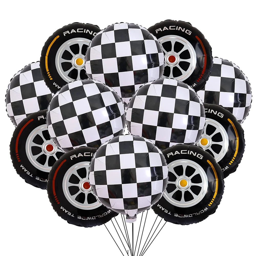 

12PCS/set 18 Inch Race Car Wheel Balloons Black and White Checkered Balloon Hot Wheels Party Race Car Theme Birthday Decorations