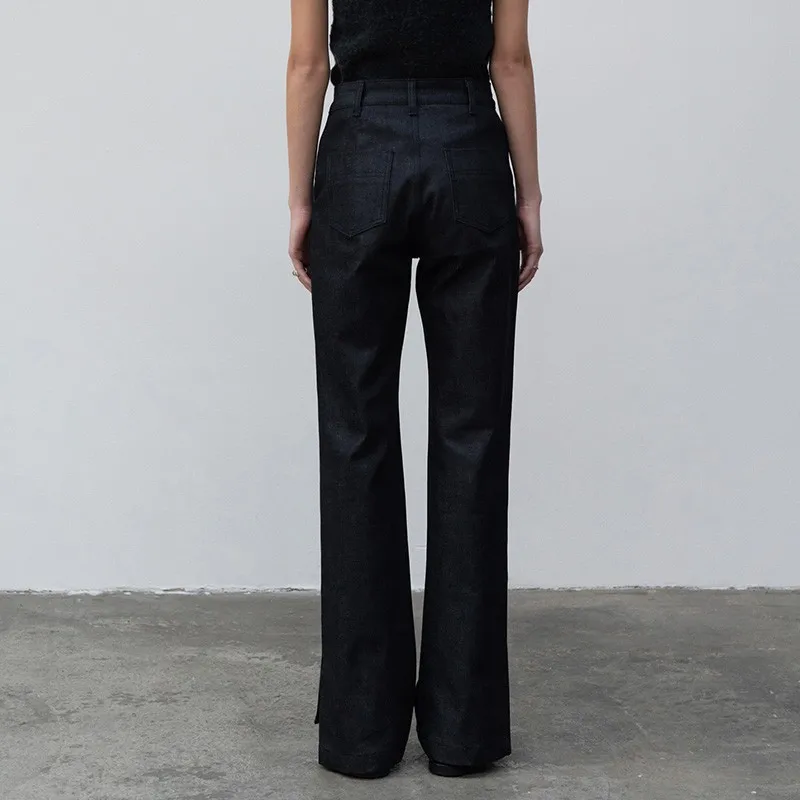 Dave&Di High Street Fashion Minimalist Side Split Jeans Women's High Waist Slim Leisure Slim Flap Pants Versatile Straight Jeans