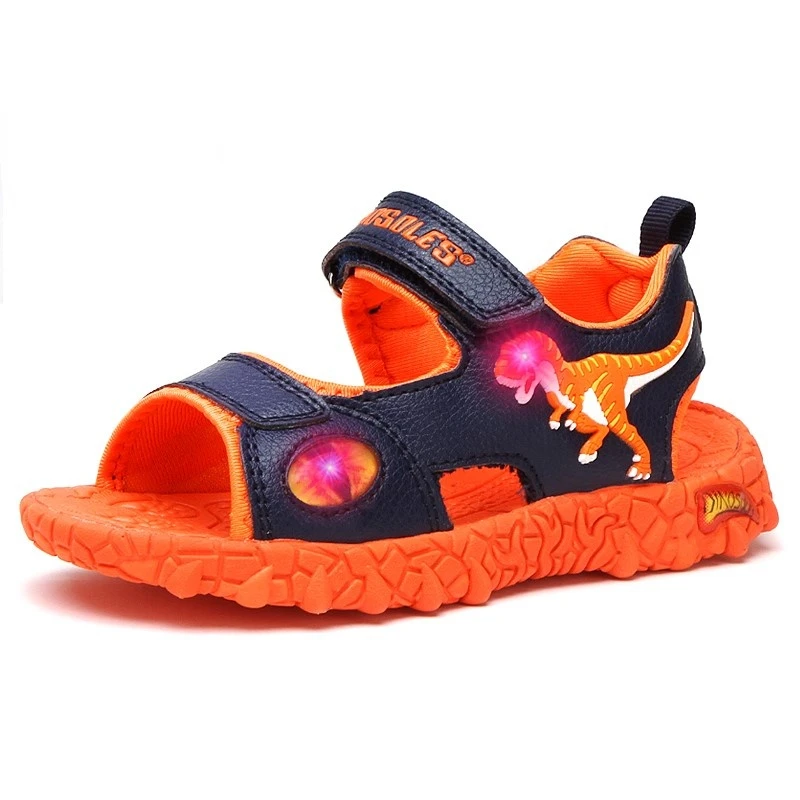 DINO Summer Boys Sandals Children T-Rex LED Flashing Leather Open-Toe Breathable Kids Light Up Casual Beach Sandals Size 28-34 children's shoes for high arches Children's Shoes