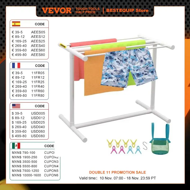 VEVOR 5 Bar Pool Towel Rack PVC T-shape White/Brown Freestanding Outdoor Poolside Storage Organizer W/ Stores Floats & Paddles