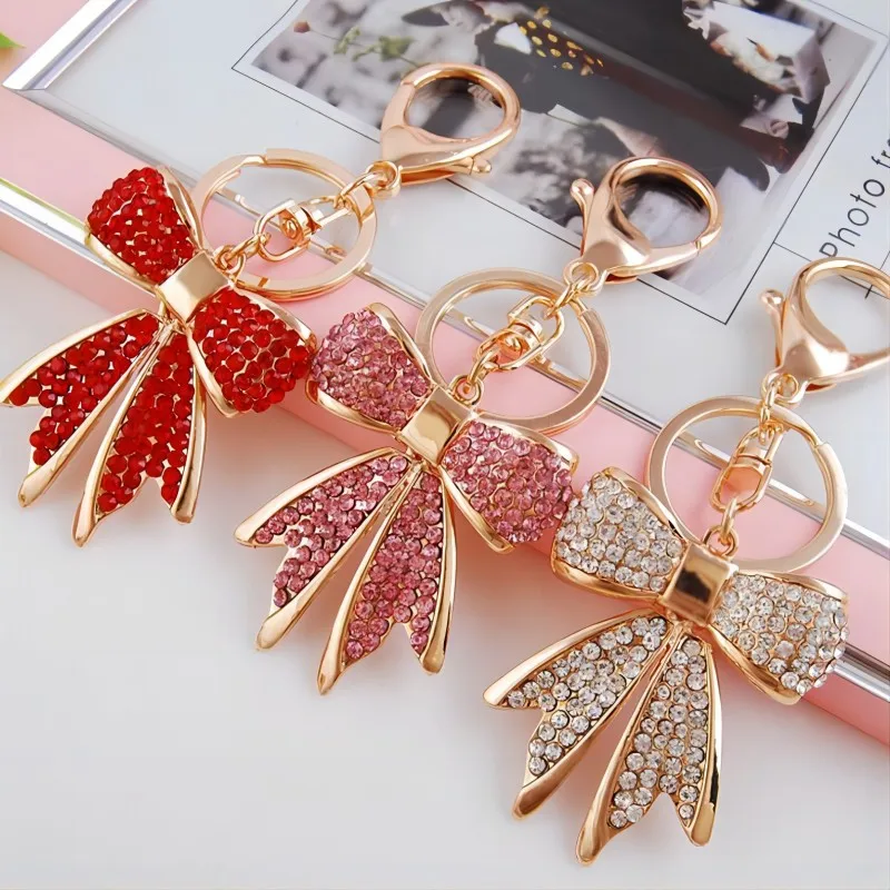 Gold Bow Keychain With Pink Rhinestones - Sparkly Purse Charm For Handbags, Keys, Or Bag Decor