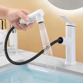 สีขาวห้องน้ําอ่างล้างหน้าก๊อกน้ําทองเหลืองดึงออกก๊อกน้ําร้อนและเย็นผสมน้ําประปาหลุมเดียวสําหรับห้องน้ําอ่างล้างจานก๊อก 1