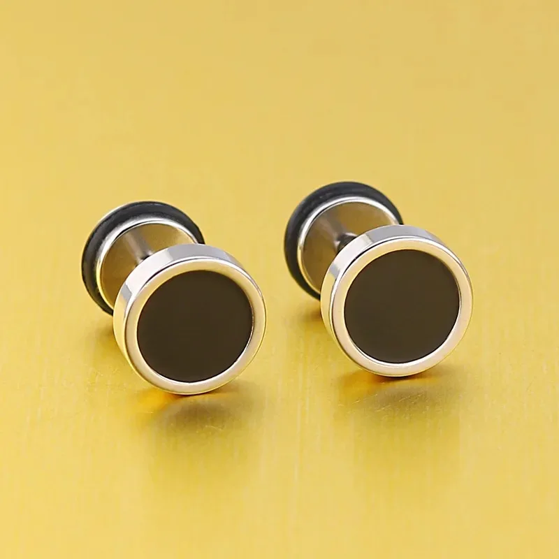16G Titanium Steel Men's Stud Earrings Round Black Oil Drip 2pcs