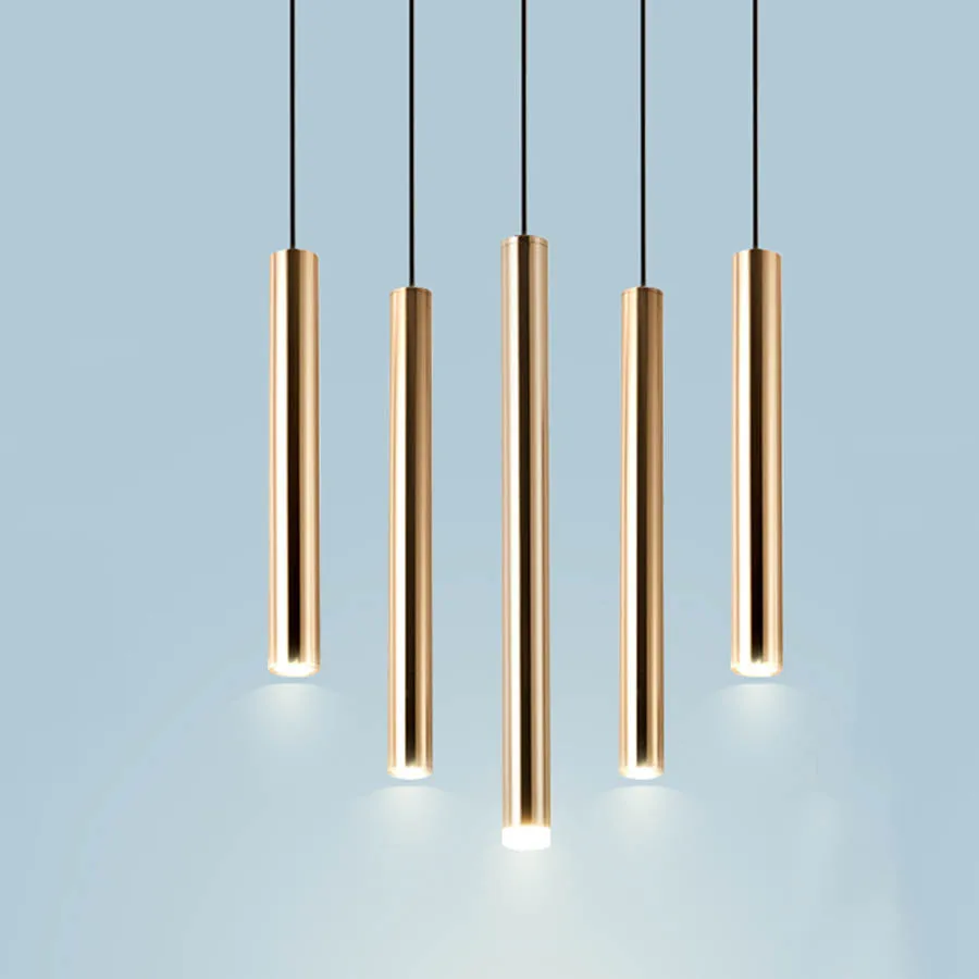 

Nordic Champagne Golden Long Tube LED Pendant light Dining Table Hanging lamp Restaurant Bedside Store Staircase Pendant Lamps