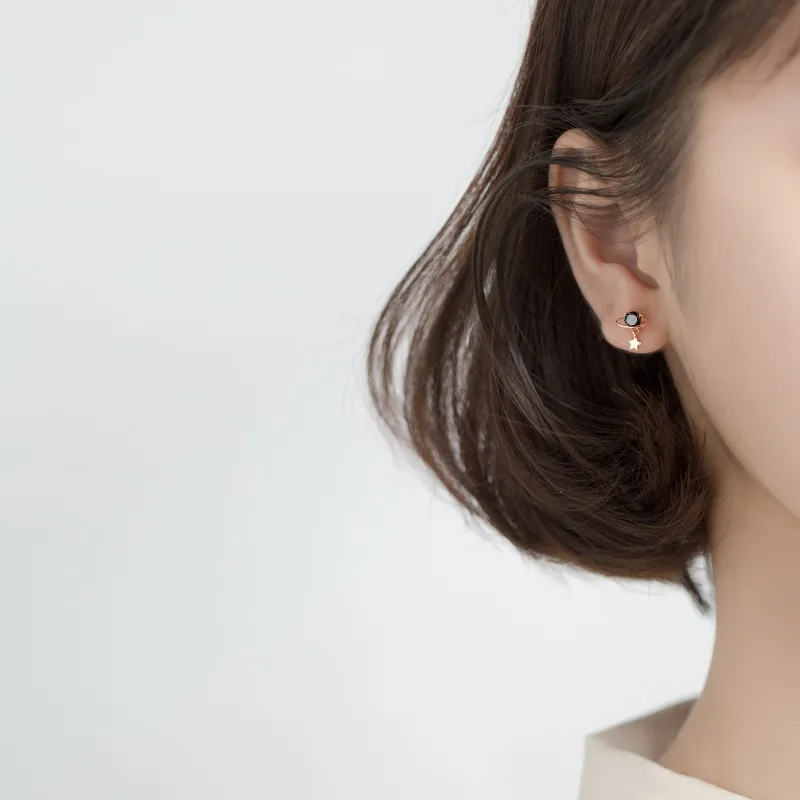 Sterling Silver Earring Jewelry Fashion Black CZ Stone Star Planet Stud Earrings - Image 3
