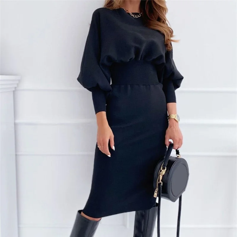 

Autumn Lantern Long Sleeve Shrink Waist Pencil Dress Women's Sweet Style Daily Commuter Casual Dressy Female Sexy Wrap Hip Gown