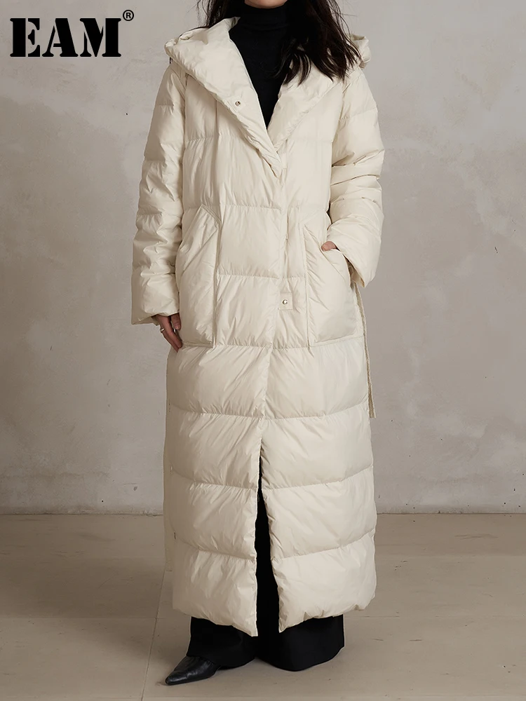 

[EAM] Apricot Big Size Fit Long Down Jacket New Hooded Long Sleeve Warm Women Parkas Fashion Tide Autumn Winter 2023 1DH3021
