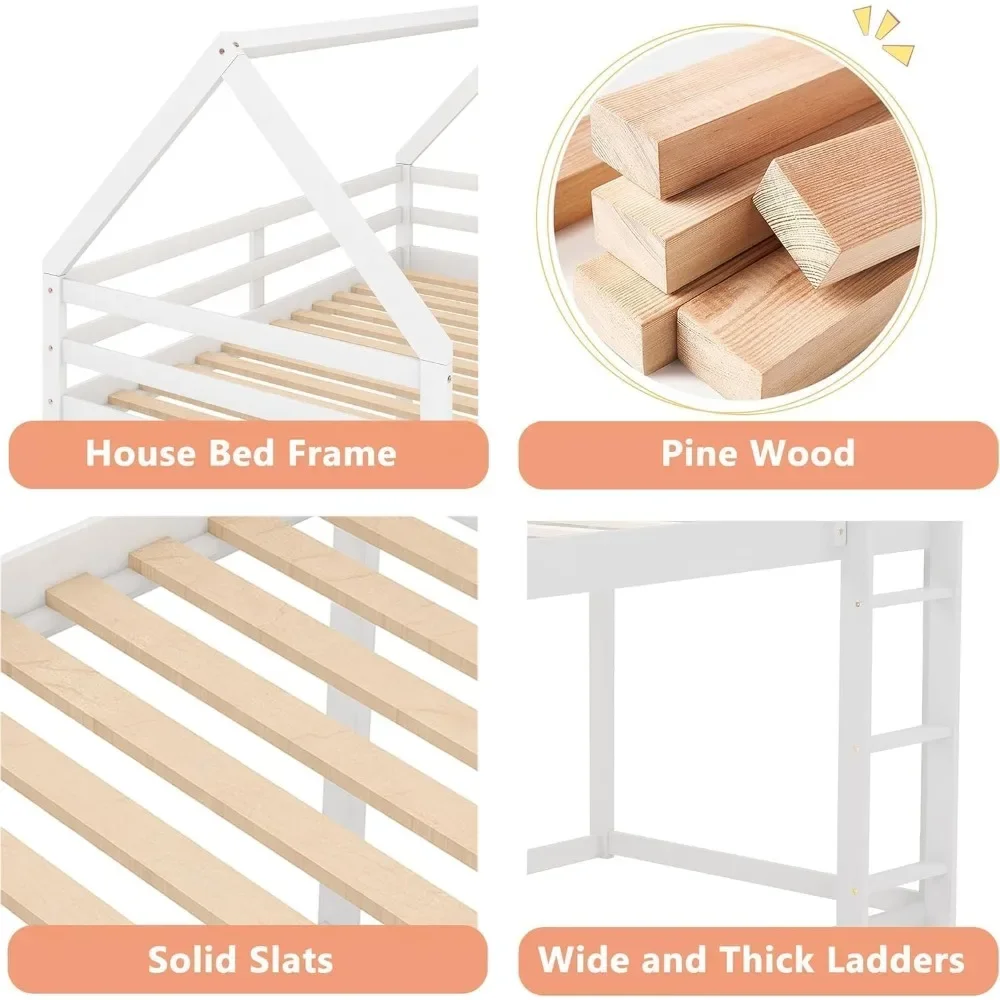 NEW-Bellemave Twin Over Twin House Bunk Bed for Kids,Floor Low Bunk Beds with Ladder and Guardrails,Solid Wood Twin Size Bunk Be