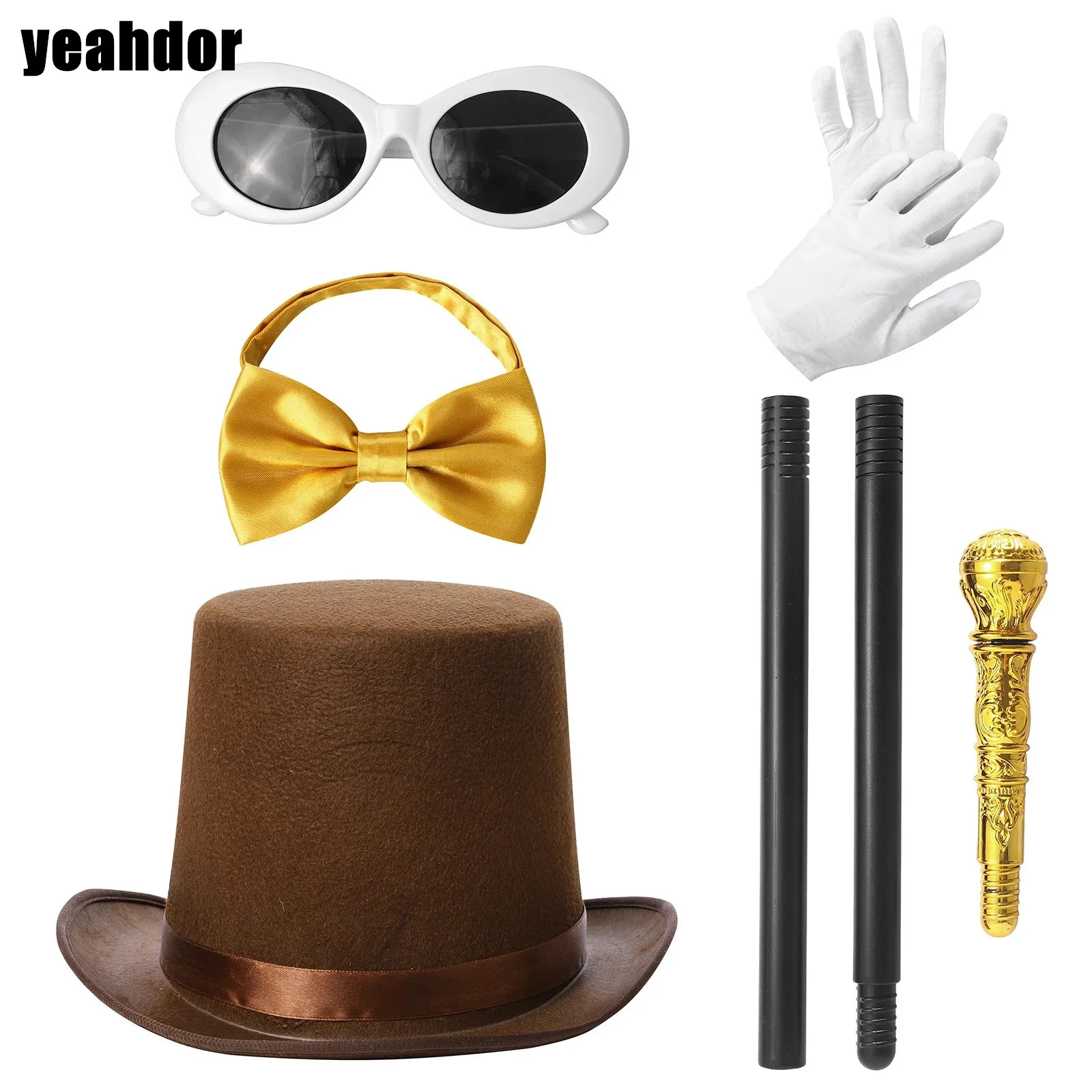 

Magician Cosplay Props Set Popular Singer Top Hat Pre-Tied Bowtie Retro Sunglasses Gloves And Scepter for Halloween Carnivals