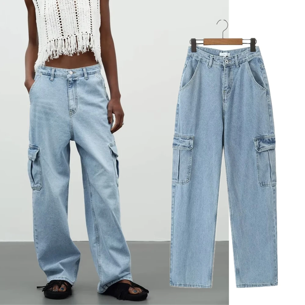 Withered American Retro Old High Street Loose Jeans Side Of Pockets Cargo Denim Pants Women Fashion Ladies Mom Jeans