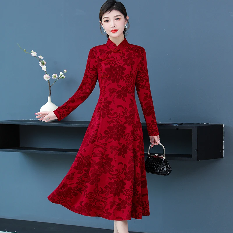 

Cheongsam Womens Disc Buckle Jacquard Flower Midi Dress Spring Autumn Retro Causal Party Bodycon Dresses Vestidos