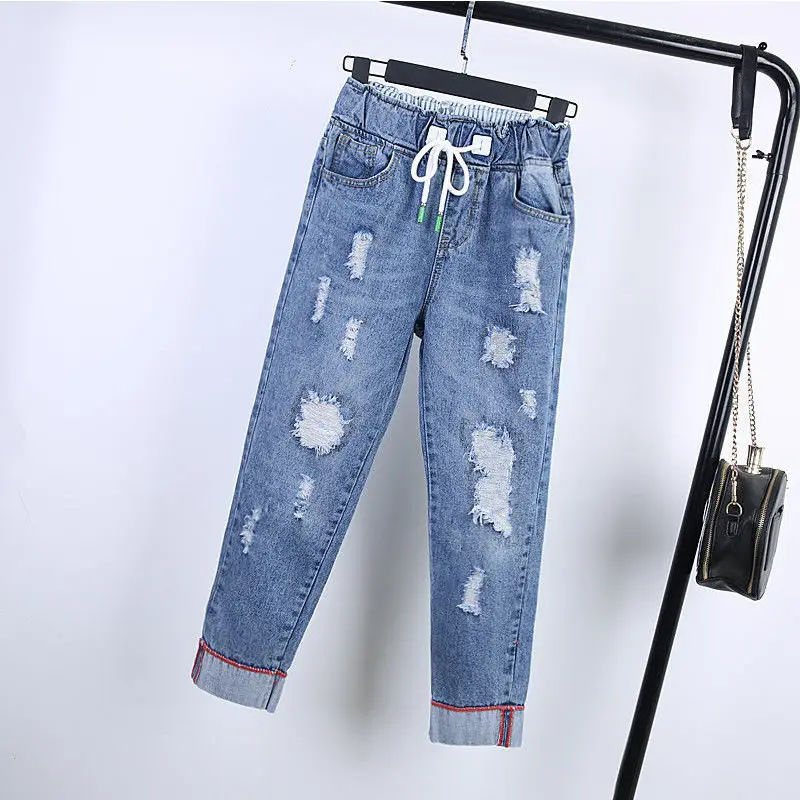 Elastic High Waist Baggy Pants Women Ripped Jeans Hole Light Wash Denim Wide Leg Trousers 2022 Summer Fashion Cuffs Streetwear
