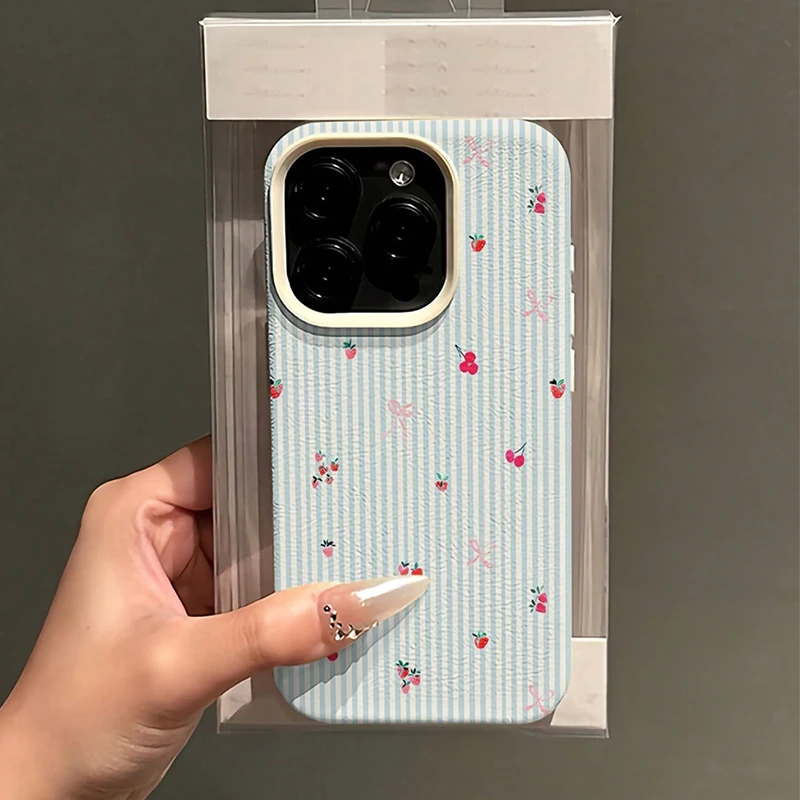 Blue Striped Cherry & Strawberry Pattern Phone Case Cover