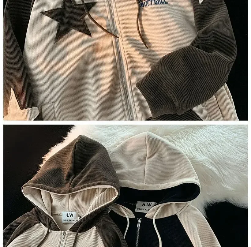 2024 New Harajuku Popular Vintage Corduroy Zipper Hoodie